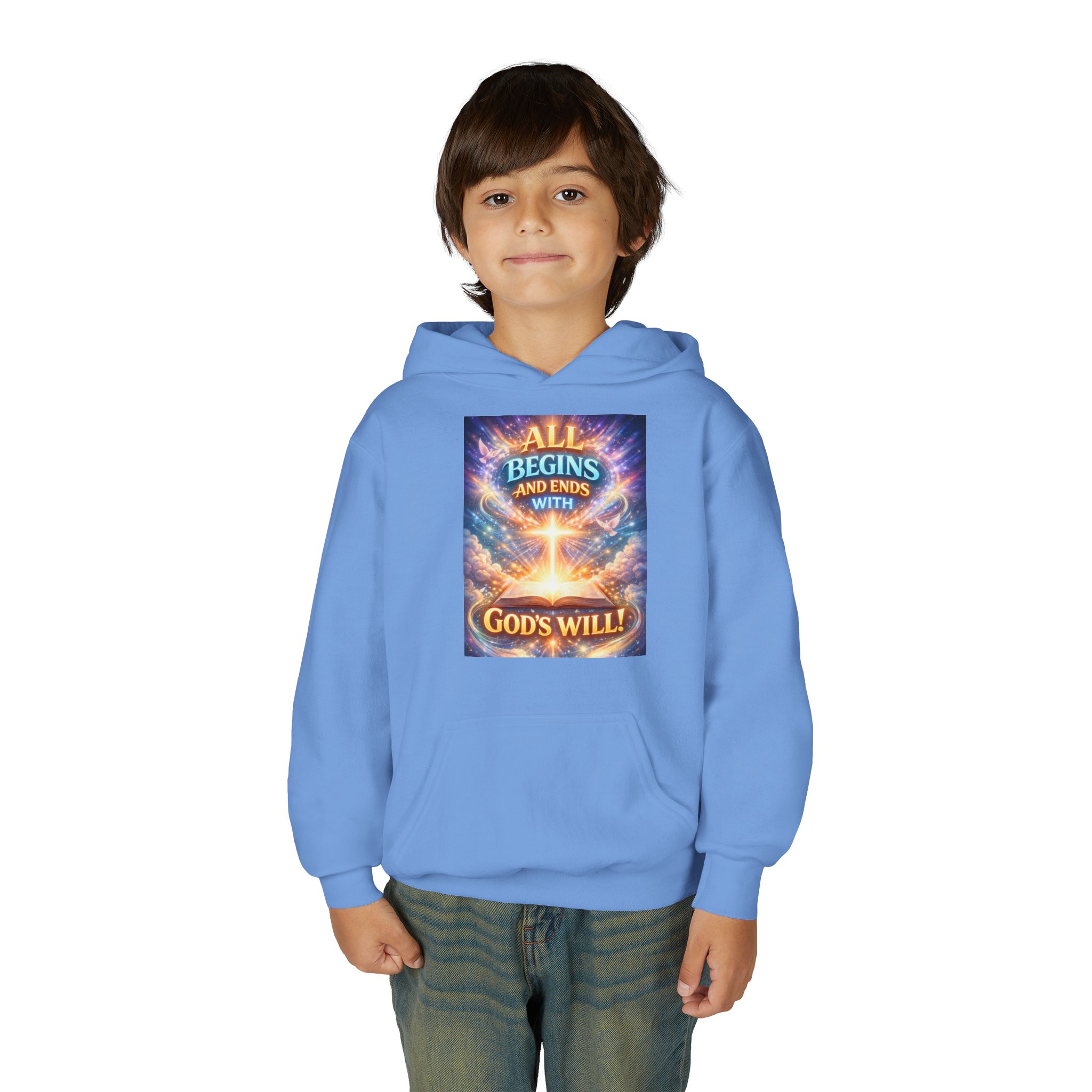 Youth Hoodie — "All Begins and Ends With God’s Will" Inspirational Christian Kids Pullover