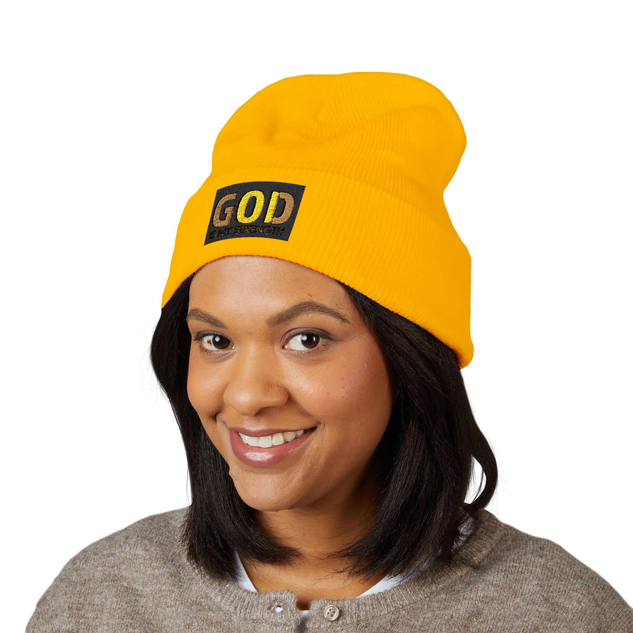 God Embroidered Beanie - Classic Cuffed Knit Hat (Yellow)