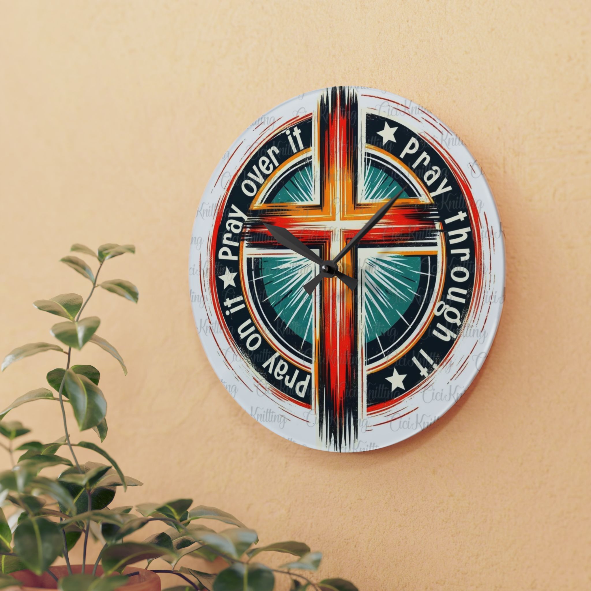 Acrylic Wall Clock — 'Pray Through It' Cross Christian Decorative Clock