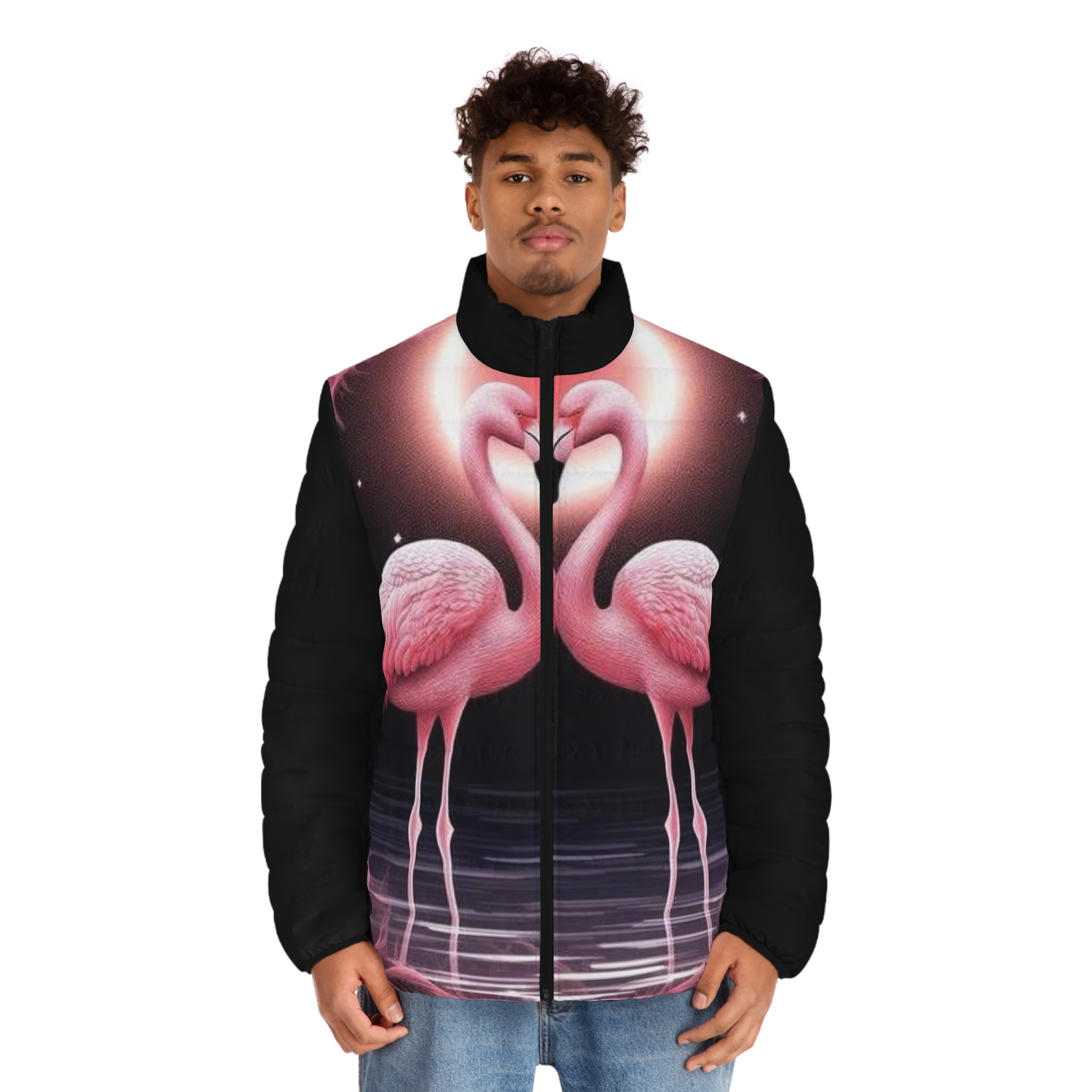 Puffer Jacket — Pink Flamingo Heart Print