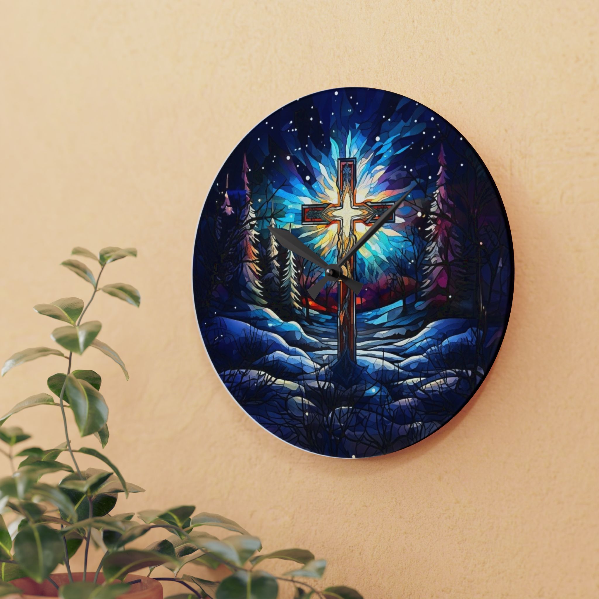 Christian Acrylic Wall Clock — Radiant Cross in Winter Night