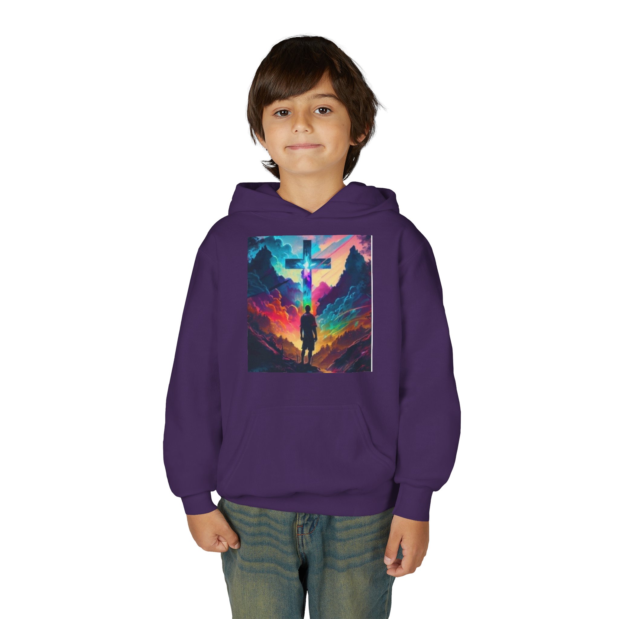 Youth Hoodie — Vibrant Christian Cross Silhouette Pullover