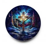 Christian Acrylic Wall Clock — Radiant Cross in Winter Night