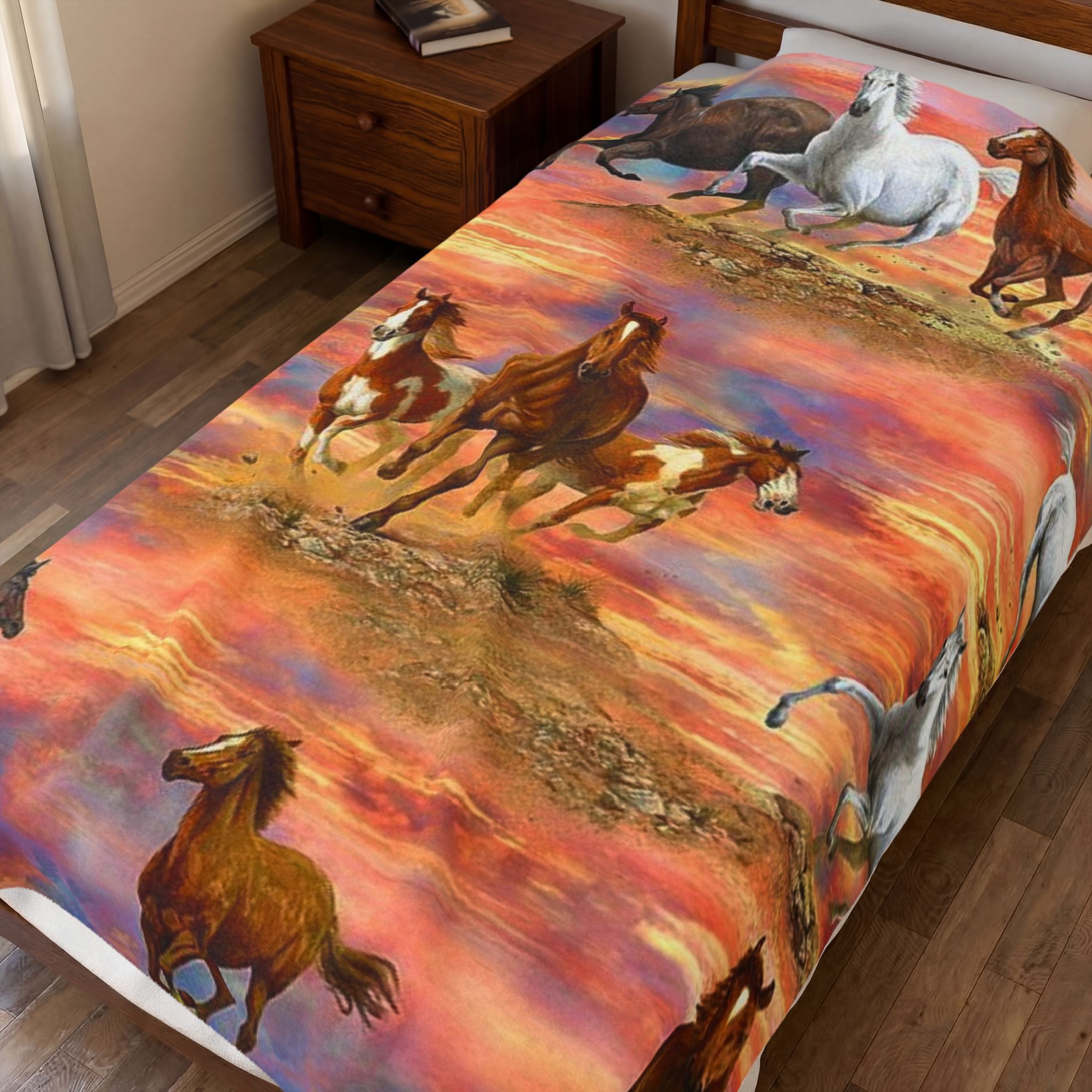 Velveteen Plush Blanket — Running Horses Sunset Print Cozy Throw for Horse Lovers