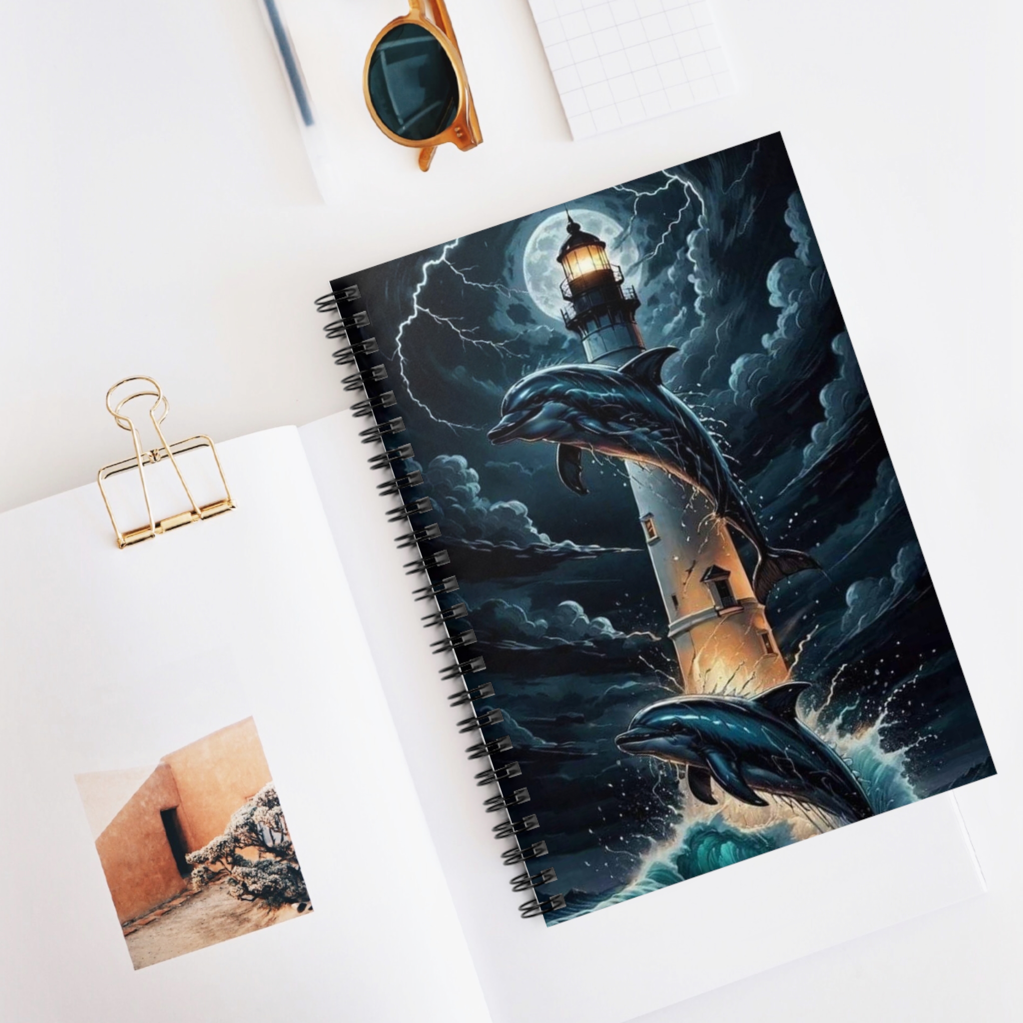 Dolphins & Lighthouse Spiral Notebook — Moonlit Ocean Ruled Journal