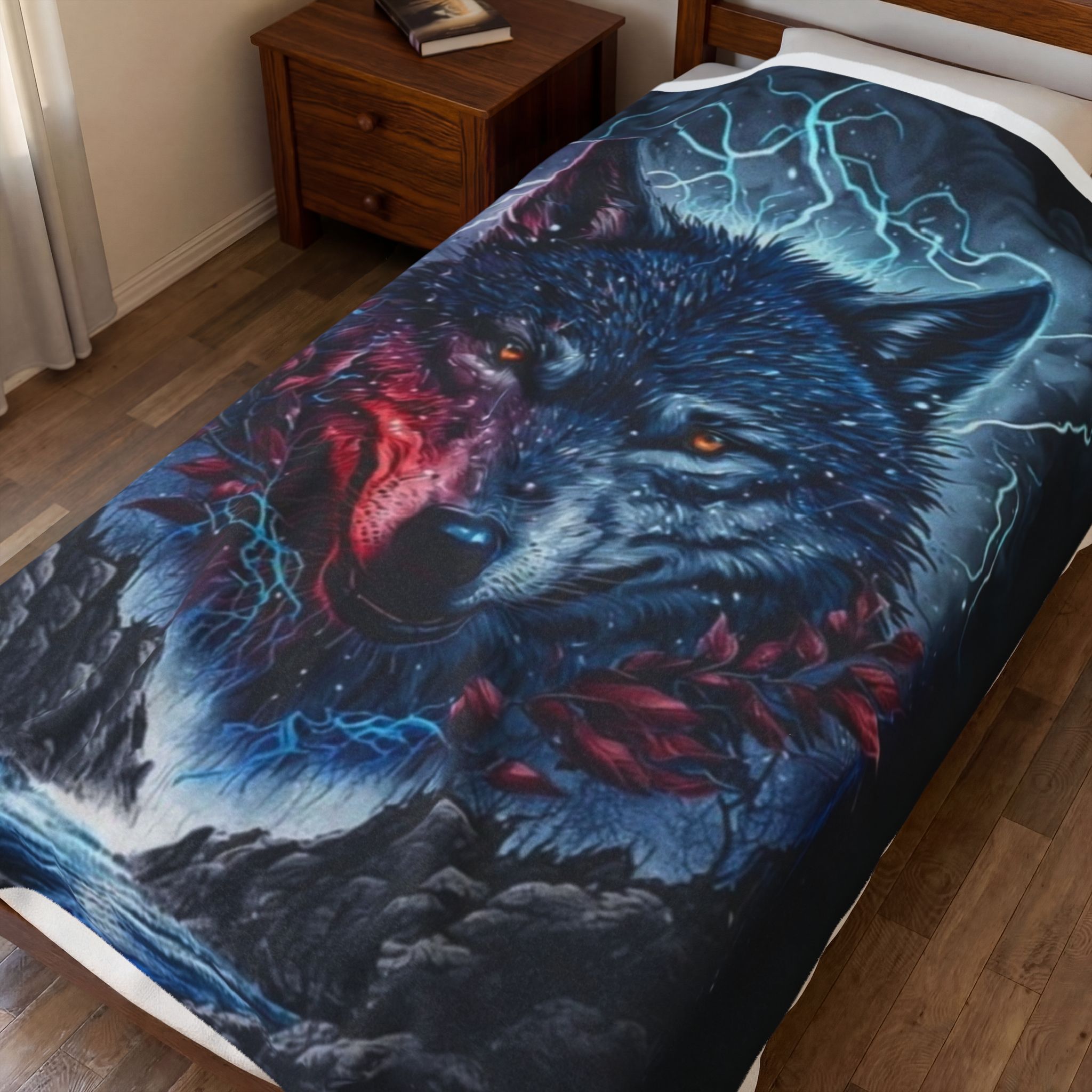 Mystic Wolf Velveteen Plush Blanket – Electric Night Forest Design