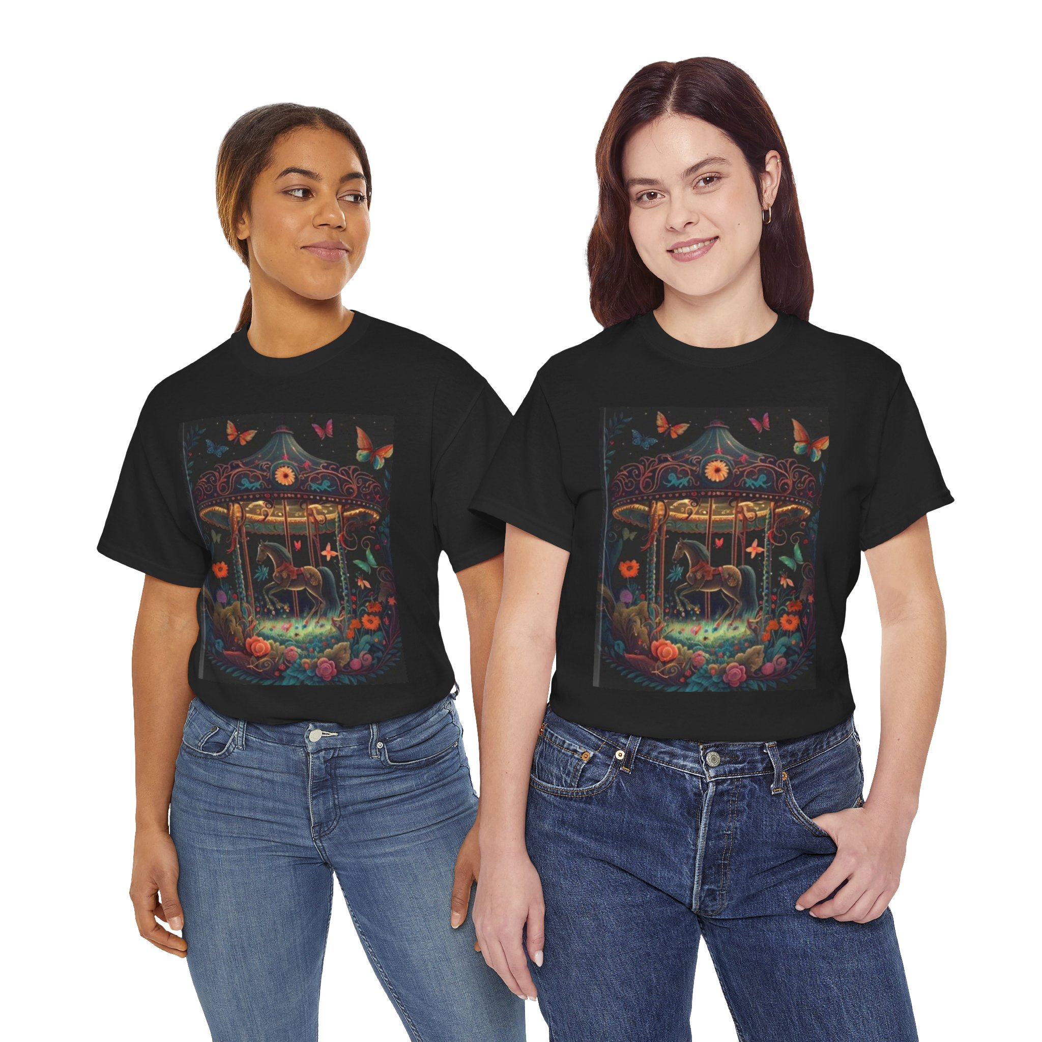 Carousel Horse Tee — Whimsical Nighttime Fairground Art T-Shirt