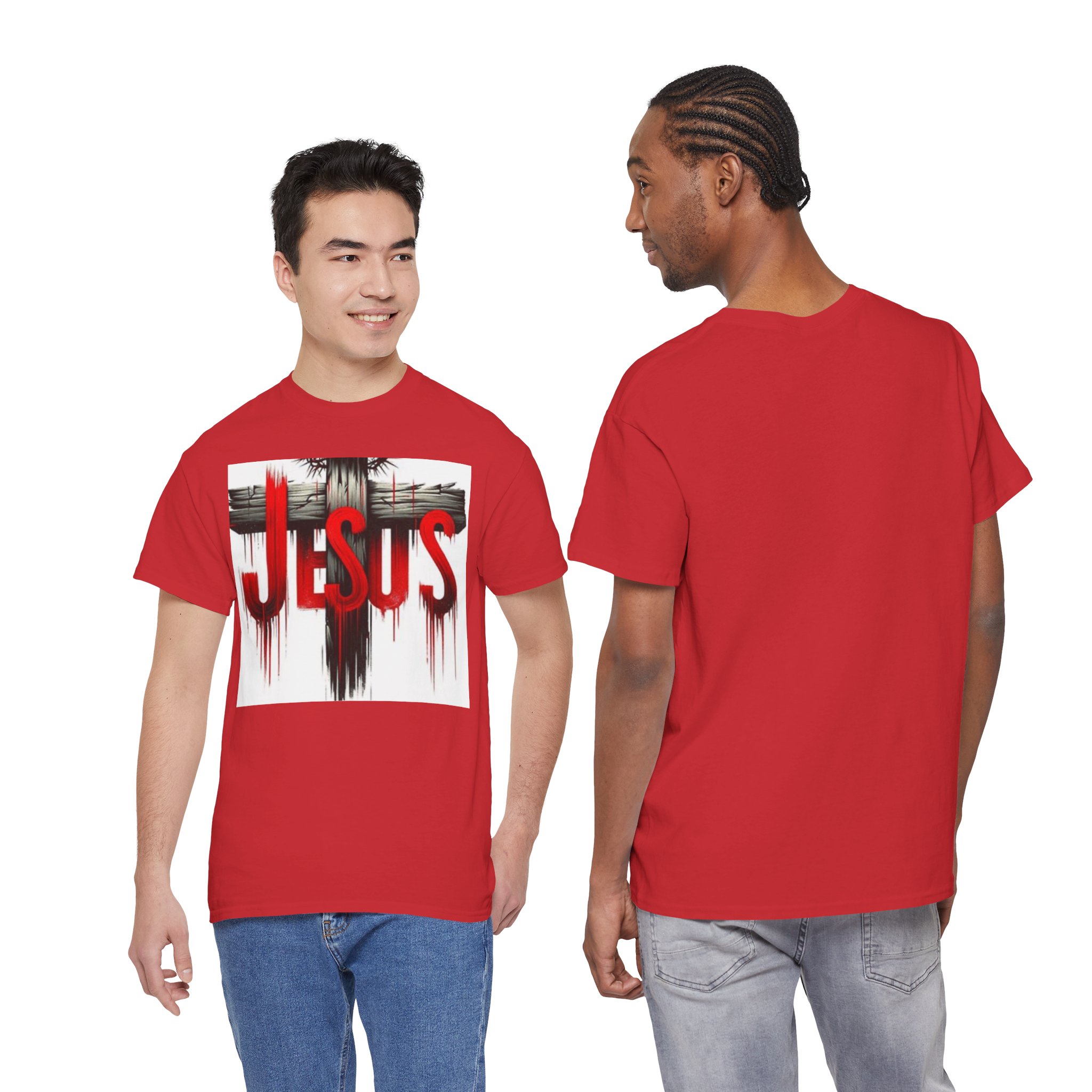 Red Jesus Graphic Tee, Unisex Heavy Cotton Shirt, Casual Wear, Religious Apparel, Gifts for Christians, Church Outfits, Faith-based Clothing