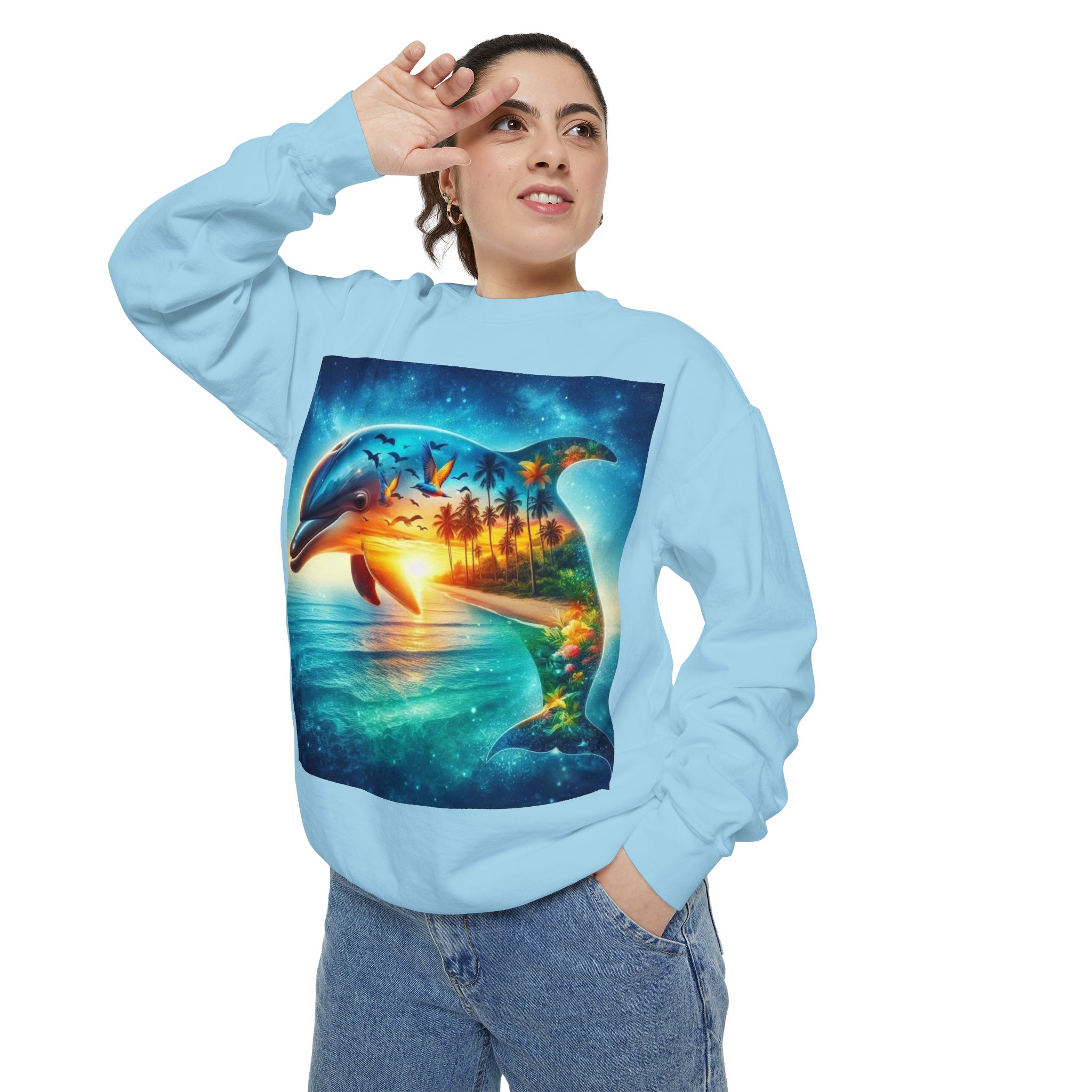 Dolphin Sunset Sweatshirt — Tropical Ocean Scene Crewneck