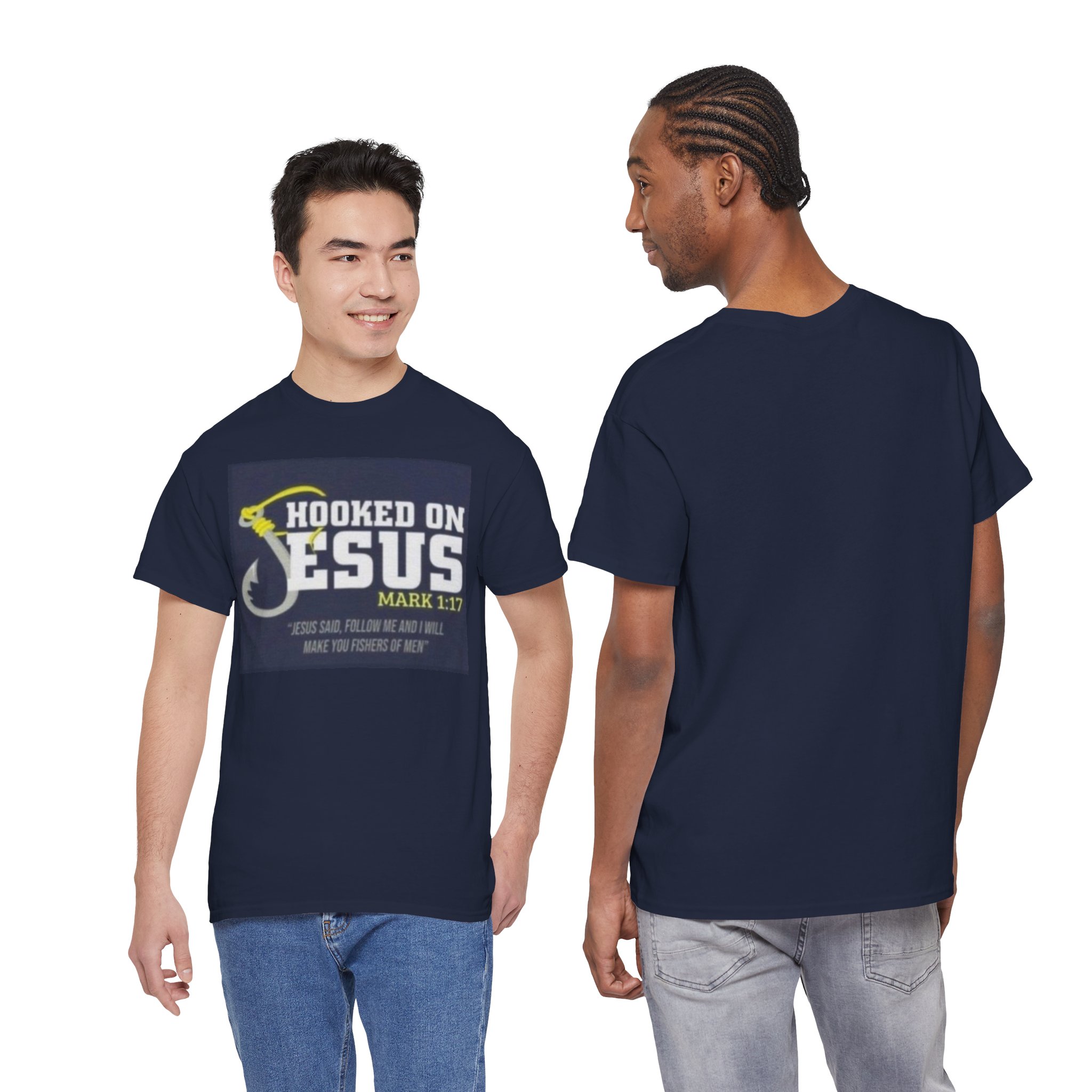 Hooked on Jesus Fishing T-Shirt — Mark 1:17 Christian Faith Tee