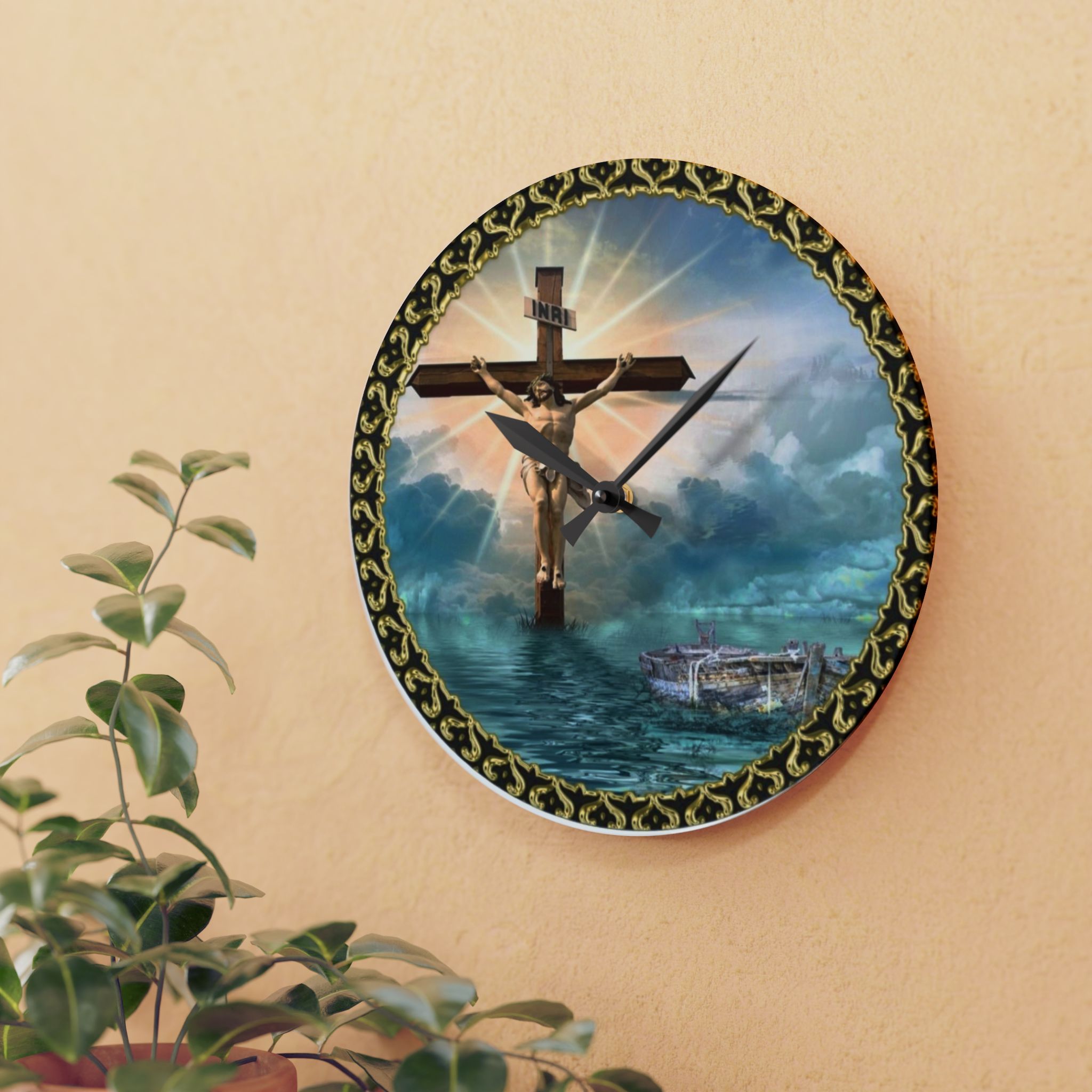 Christian Crucifix Acrylic Wall Clock – Jesus on Cross Inspirational Religious Decor