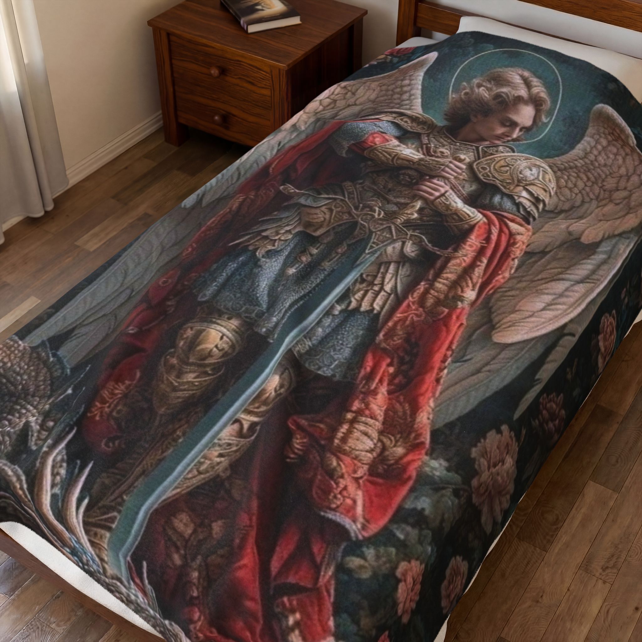 Archangel Michael Velveteen Plush Blanket — Gothic Saint Warrior Decorative Throw