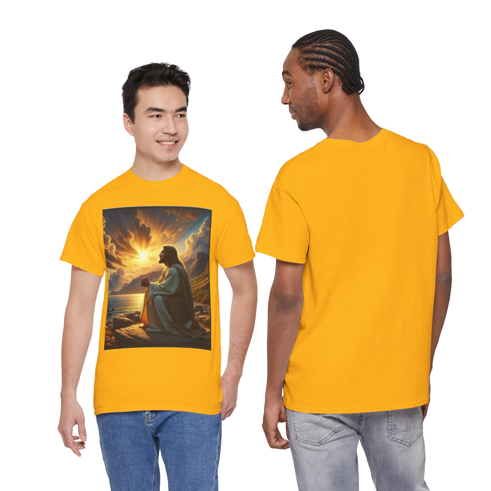 Religious Graphic Tee — Serene Prayer Scene Christian T-Shirt