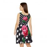 Polka Dot Rose Skater Dress — Black & White Floral Retro Fit