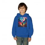 Youth Hoodie — Vibrant Christian Cross Silhouette Pullover