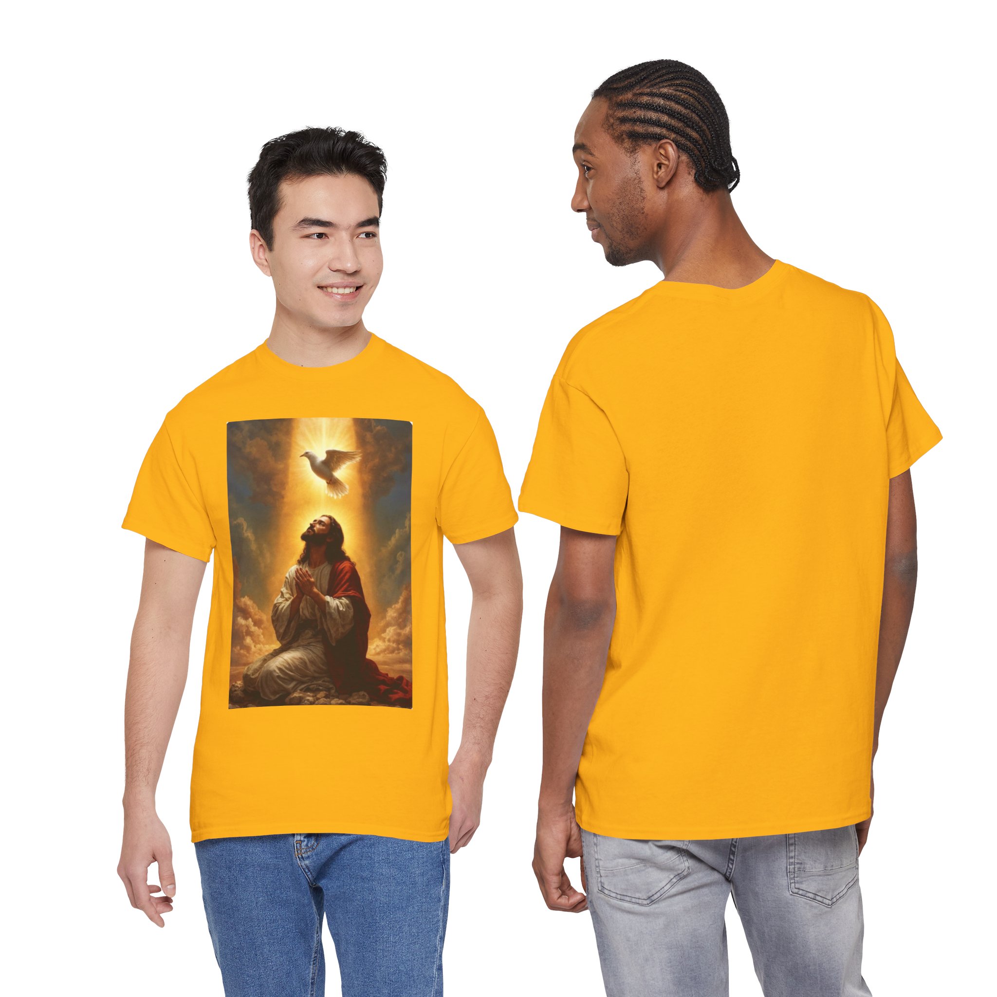 Religious Prayer T‑Shirt — Jesus Kneeling with Dove Graphic Tee