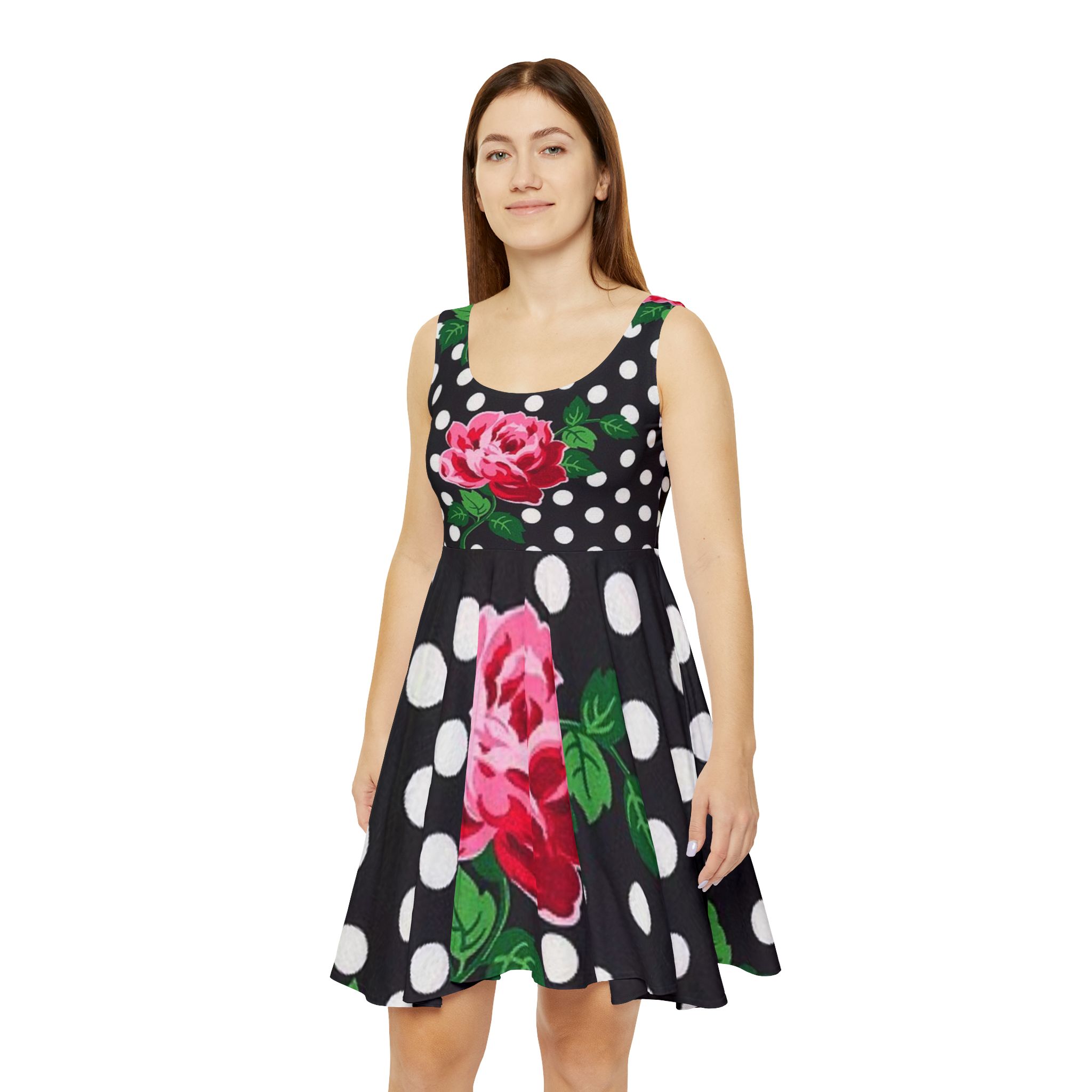 Polka Dot Rose Skater Dress — Black & White Floral Retro Fit
