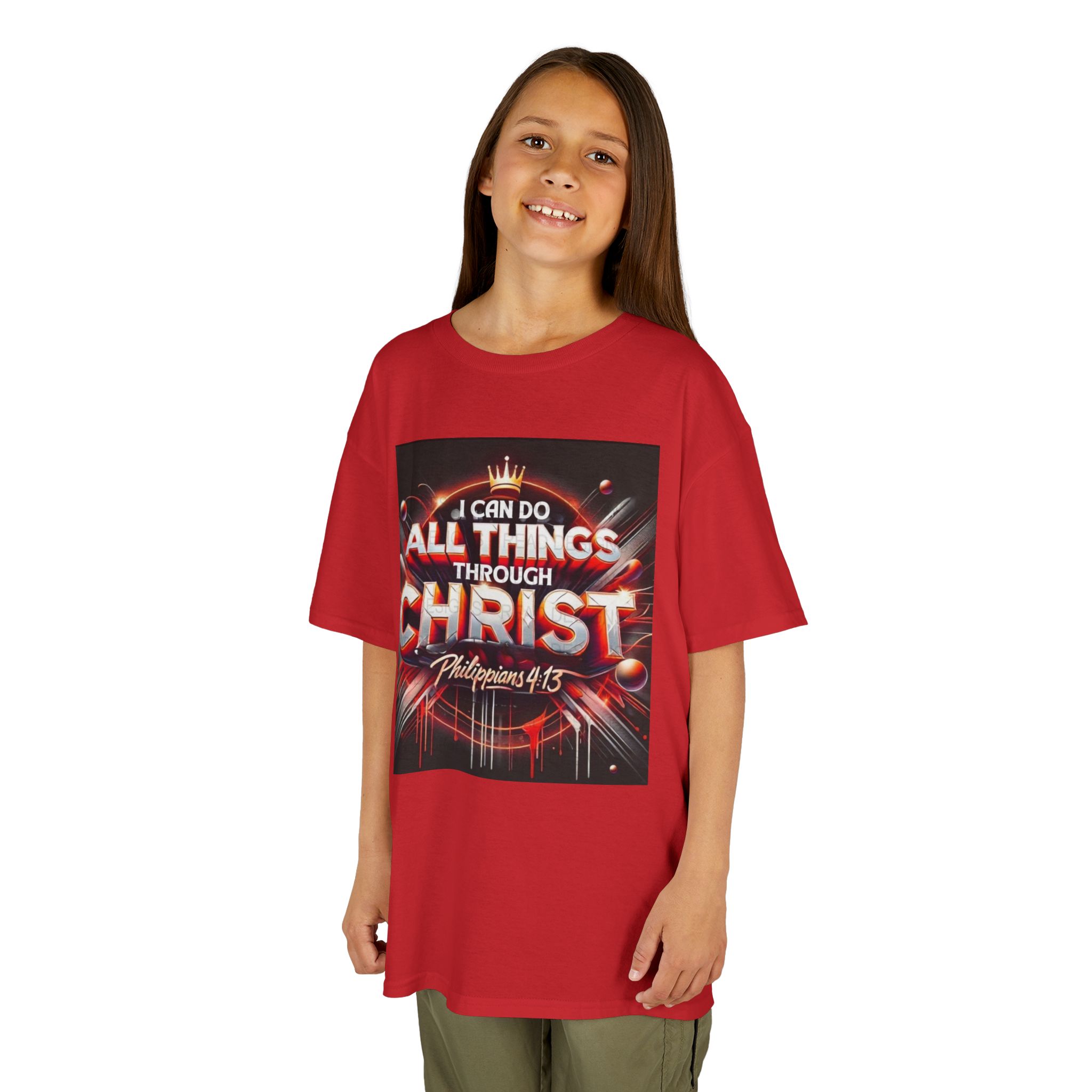 Inspirational Kids Tee with Philippians 4:13, Children's Faith Shirt, Christian Youth Apparel, Church Gift for Kids, Motivational Red Tee