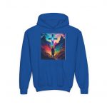 Youth Hoodie — Vibrant Christian Cross Silhouette Pullover