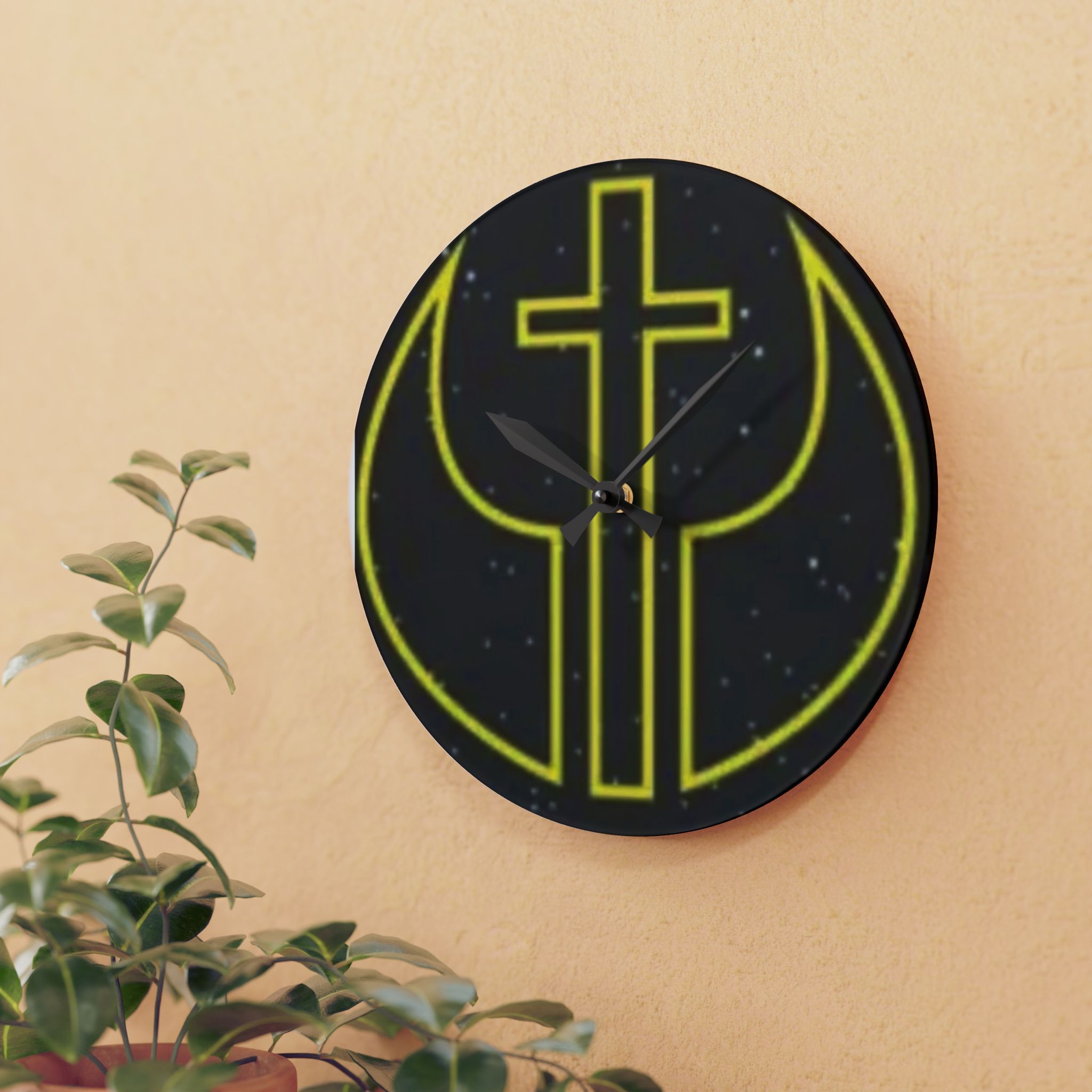 Neon Cross Acrylic Wall Clock — Modern Christian Home Décor
