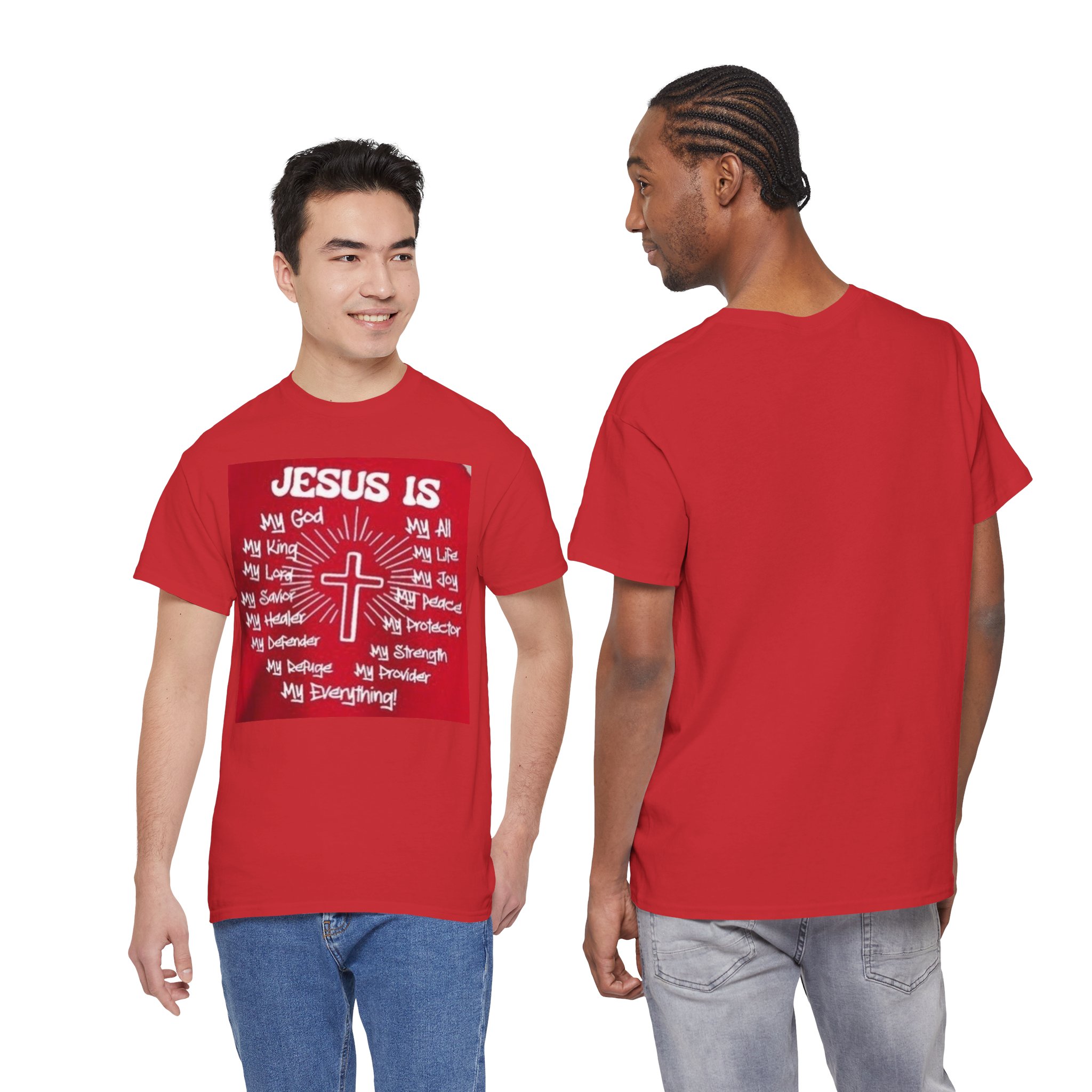 Jesus Is Red Faith T-Shirt — Christian Inspirational Tee ("Jesus Is" Cross Design)