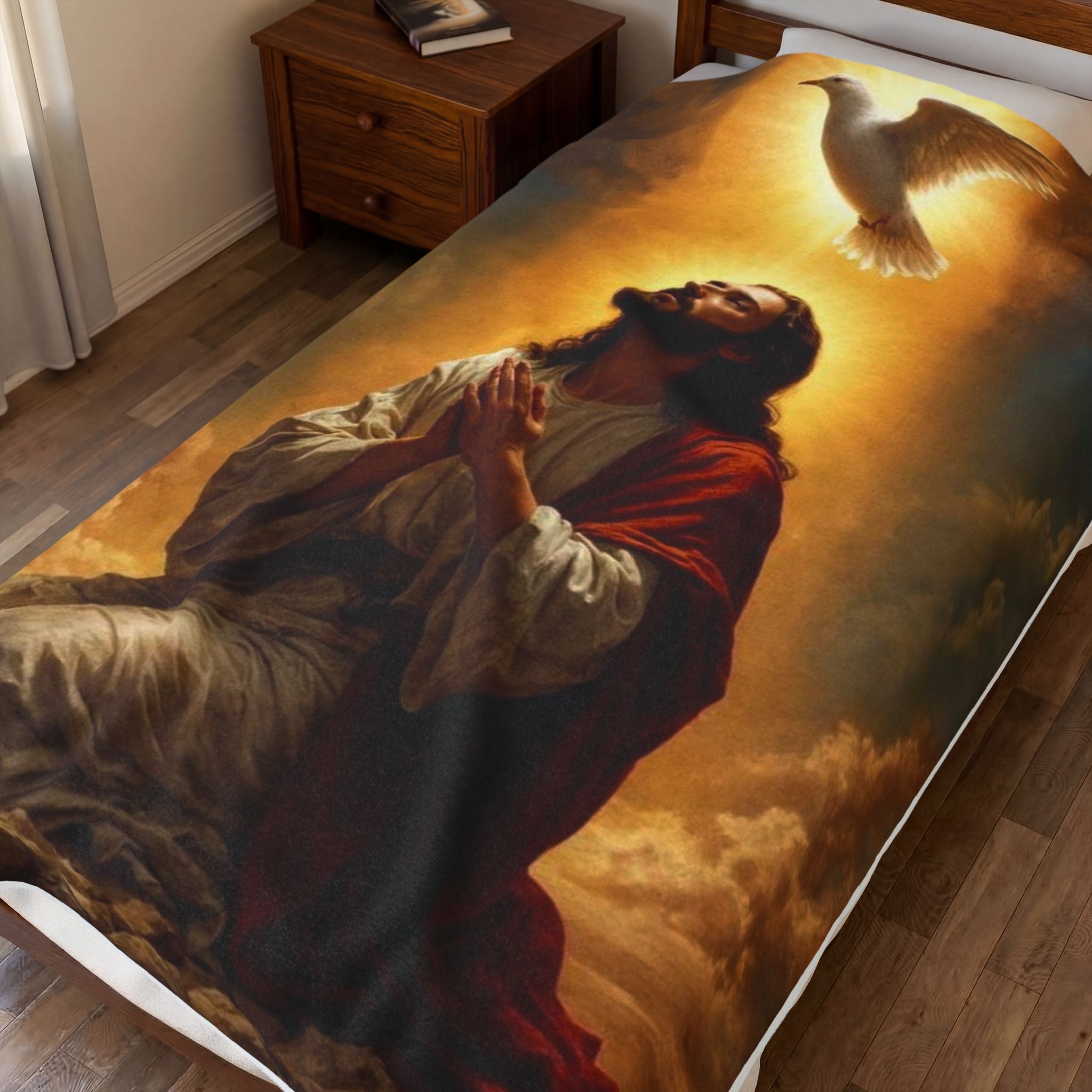 Religious Velveteen Plush Blanket – Kneeling Jesus with Dove (Faith Prayer Throw)