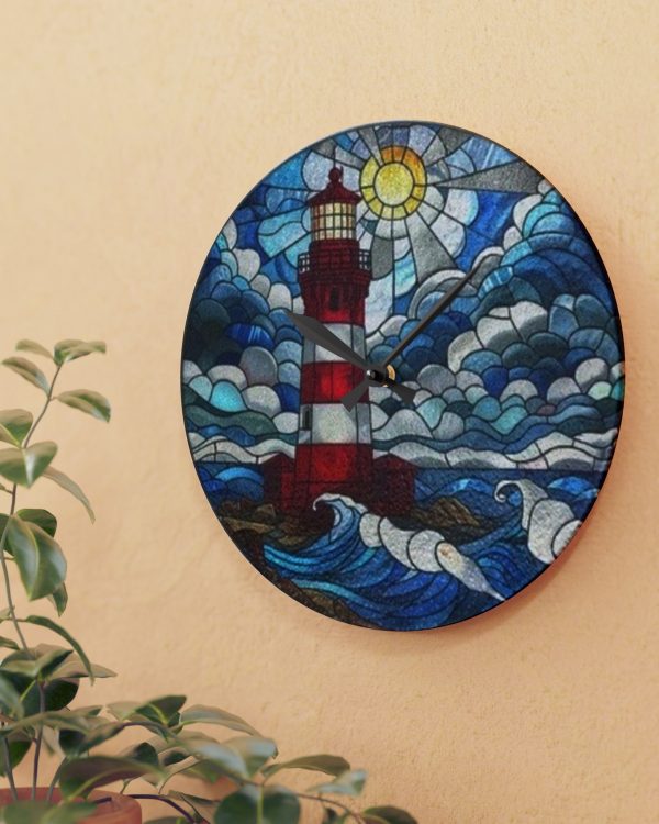 Stained Glass Lighthouse Acrylic Wall Clock — Nautical Coastal Decor