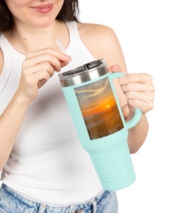 40oz Insulated Travel Mug with Sunset Photo — Large Stainless Steel Tumbler with Handle & Straw