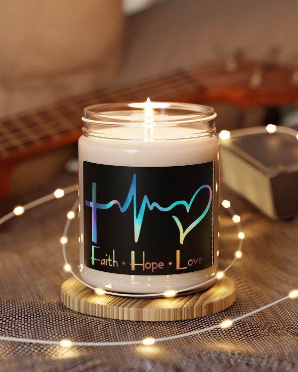 Faith Hope Love Soy Candle — 9oz Scented Jar (Cross, Heart & Heartbeat Design)