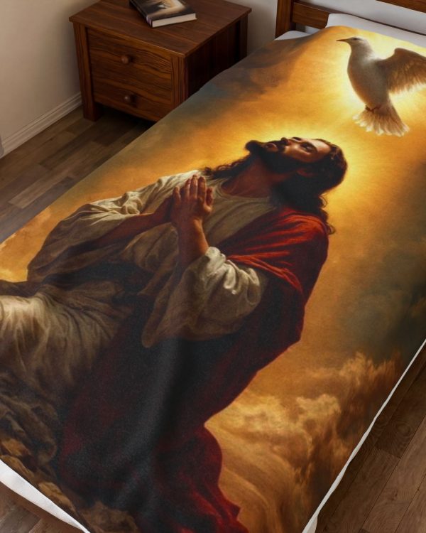 Religious Velveteen Plush Blanket – Kneeling Jesus with Dove (Faith Prayer Throw)