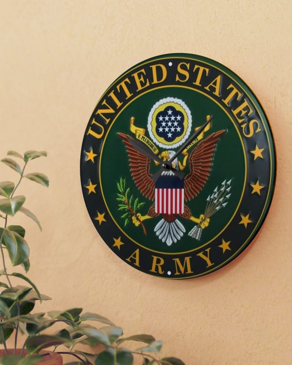 United States Army Acrylic Wall Clock — Military Emblem Clock for Veterans & Patriotic Home Decor