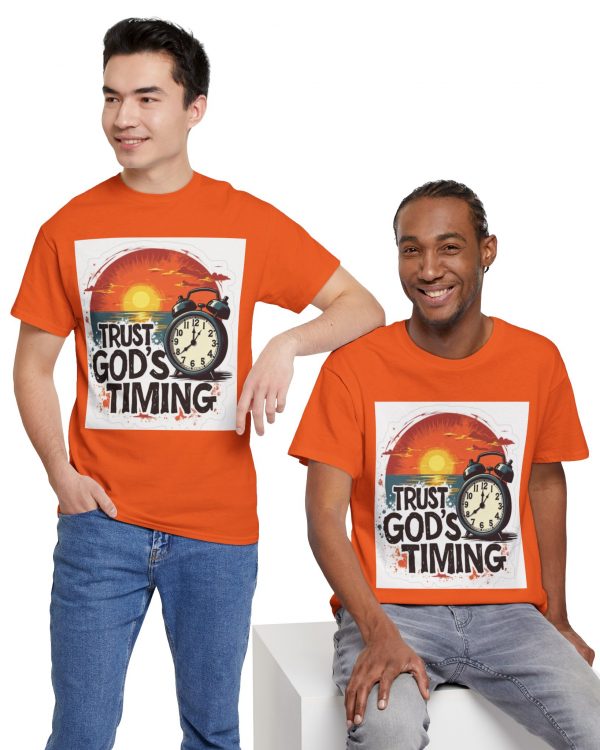 Trust God's Timing T-Shirt — Inspirational Christian Faith Tee with Sunrise & Clock Design