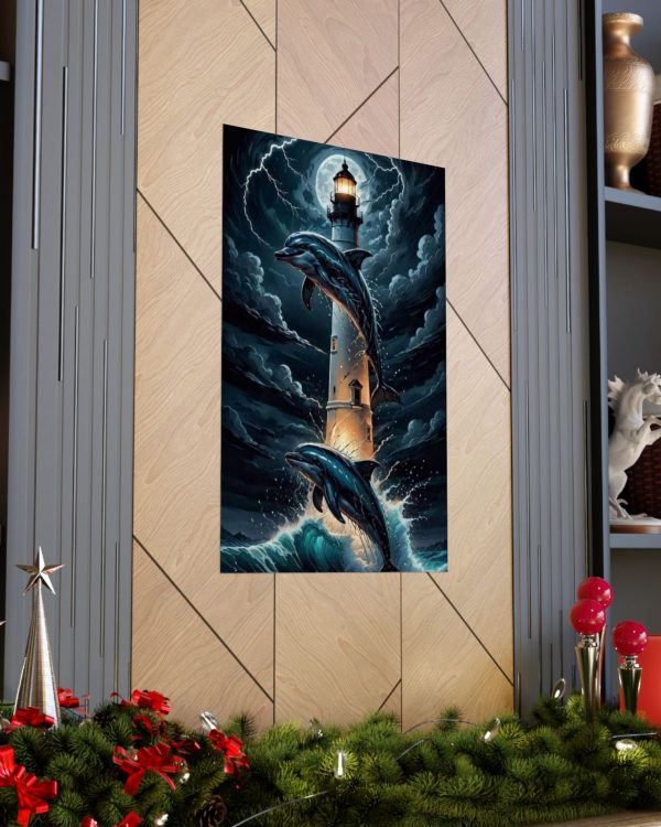 Dolphins & Lighthouse Matte Poster — Nautical Ocean Art Print