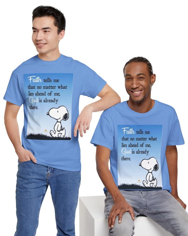 Faith Snoopy T-Shirt – Inspirational Christian Tee with "Faith tells me... God is already there" Design
