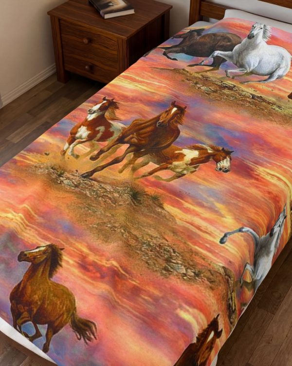 Velveteen Plush Blanket — Running Horses Sunset Print Cozy Throw for Horse Lovers