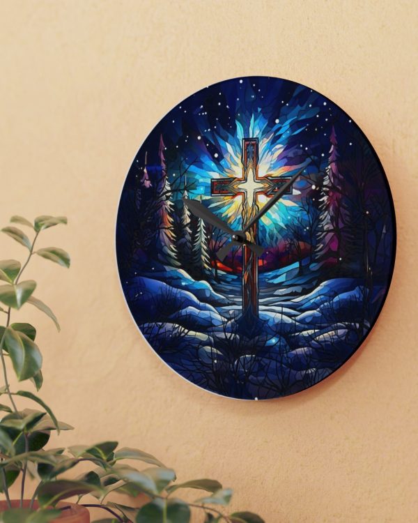 Christian Acrylic Wall Clock — Radiant Cross in Winter Night