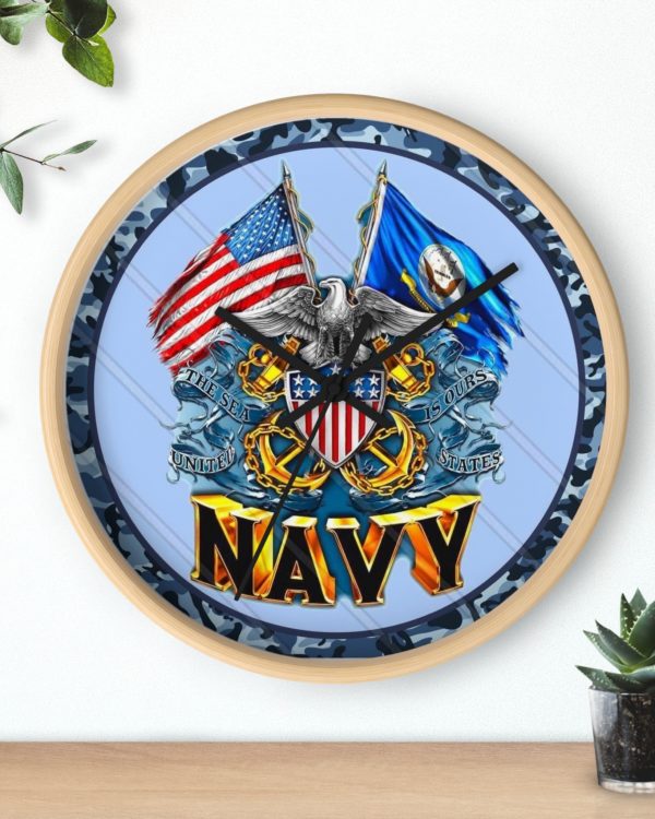 Navy Emblem Wall Clock — Patriotic US Navy Flag & Eagle Military Decor