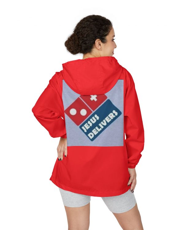 Windbreaker Jacket — "Jesus Delivers" Graphic Hooded Windbreaker