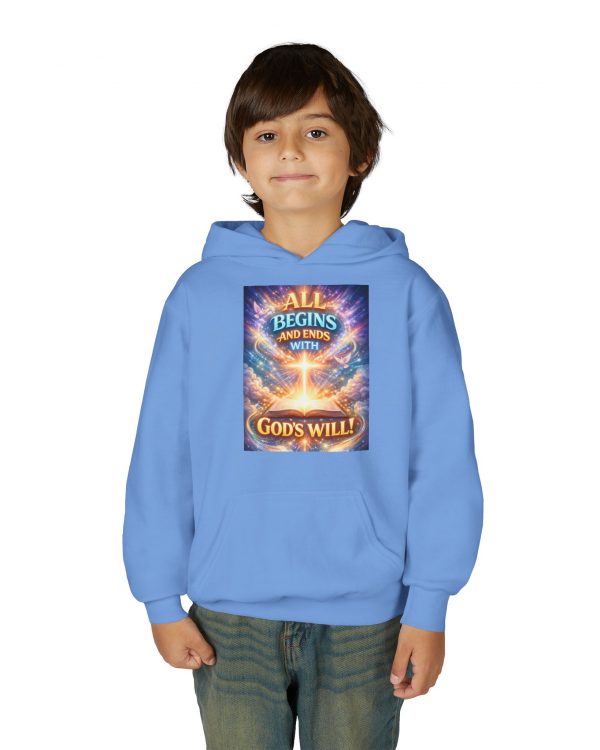 Youth Hoodie — "All Begins and Ends With God’s Will" Inspirational Christian Kids Pullover