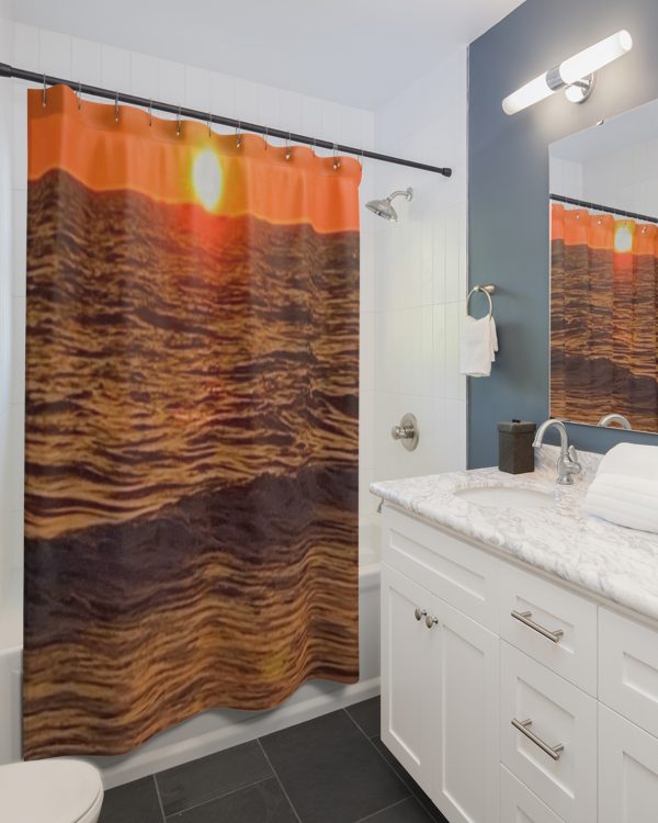 Sunset Ocean Shower Curtain – Warm Orange Seascape Bathroom Decor